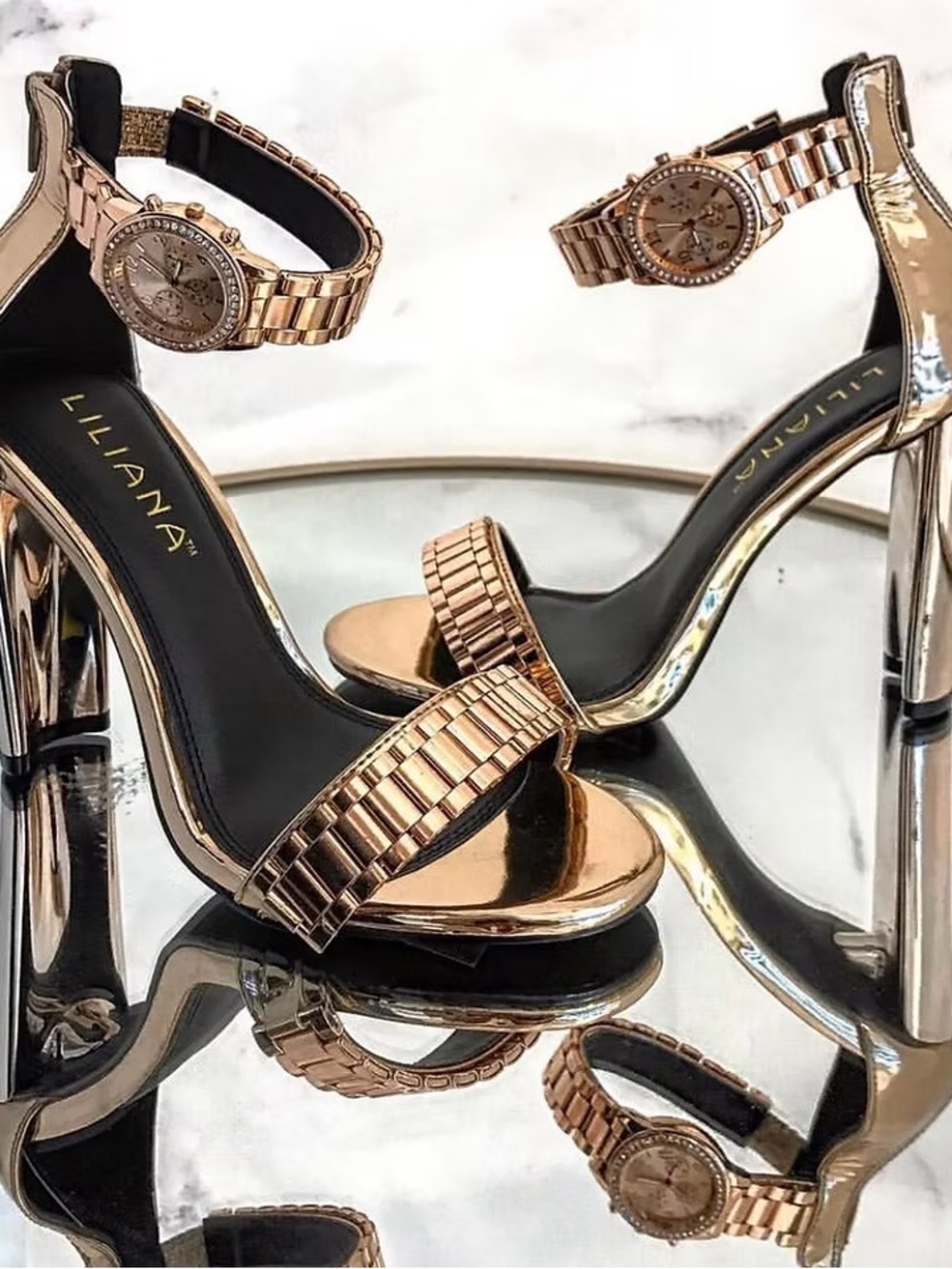 Liliana “Watch Strap” Gold Metallic High Heel Sandals with Working Watch